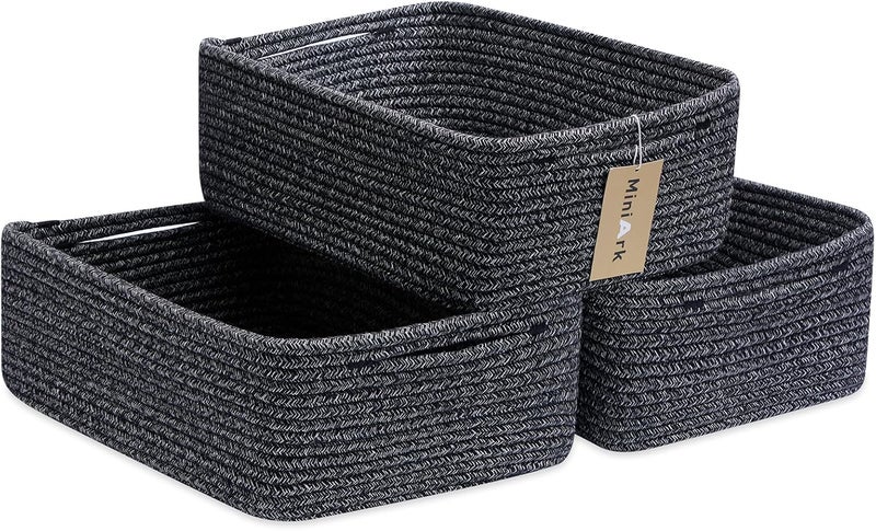 MiniArk Large Shallow Organizing Baskets 15x11x5.1 Inches - Rope Woven Storage Bins for Bathroom, Shelves, Cube Closet, Mixed Black 3 Packs - Image 1